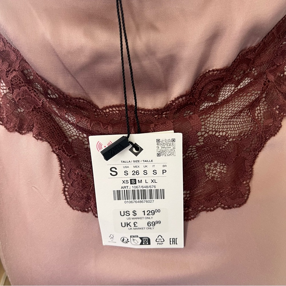 NWT ZARA Satin Style Lace Slip Dress Dusty Rose Deep Red Lace Size S Festival - Picture 11 of 11